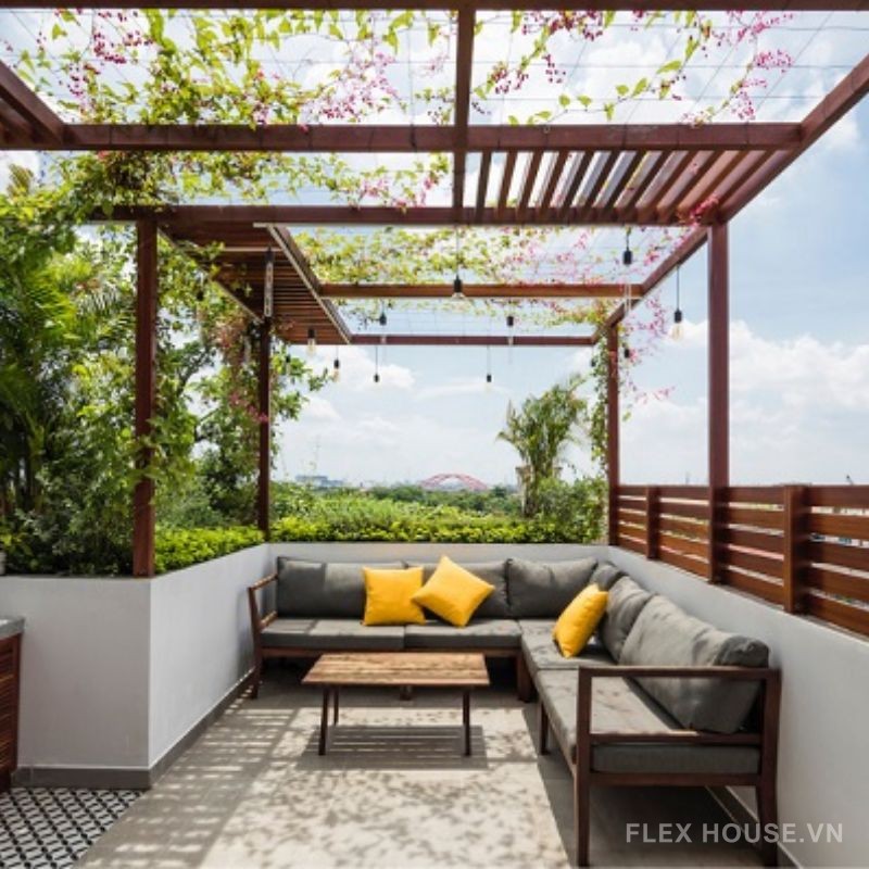 Thiết kế sân hiên có mái che view cực chill