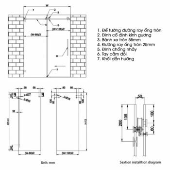 Bộ phụ kiện cửa lùa kính cho phòng tắm KLC07