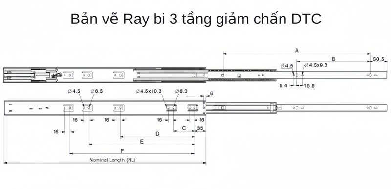 Ray bi ngăn kéo 3 tầng giảm chấn DTC45871