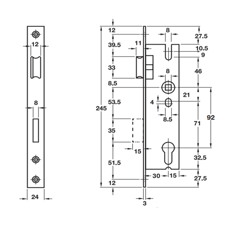 Thân khóa cho cửa đố nhỏ C/C 92mm Hafele 911.77.260