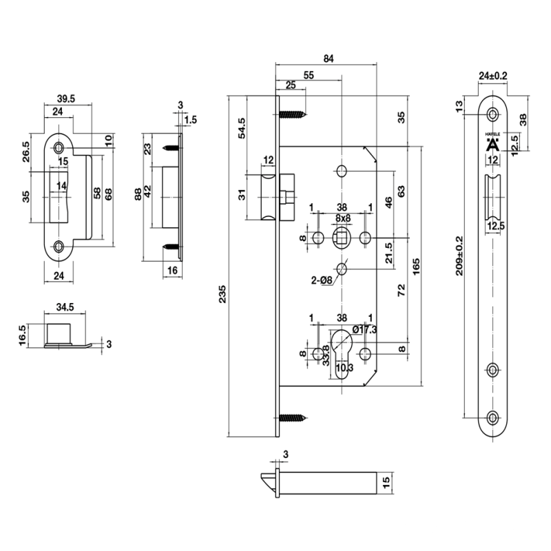 Thân khóa lưỡi gà C/C 72mm Hafele 911.23.428
