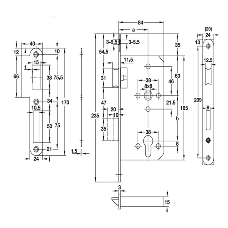 Thân khóa lưỡi gà chốt chết C/C 72mm Hafele 911.02.168