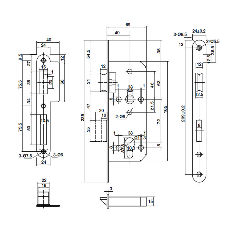Thân khóa lưỡi gà chốt chết C/C 72mm Hafele 911.03.514