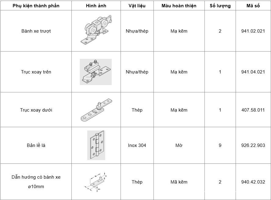 Bộ phụ kiện cửa lùa xếp 4 cánh Hafele 943.10.014