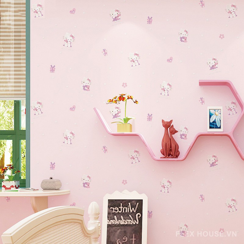 Giấy dán tường 3D phòng bé Hello Kitty màu hồng SHY610