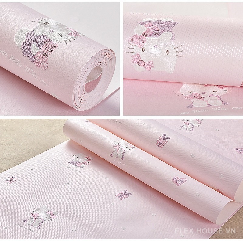 Giấy dán tường 3D phòng bé Hello Kitty màu hồng SHY610
