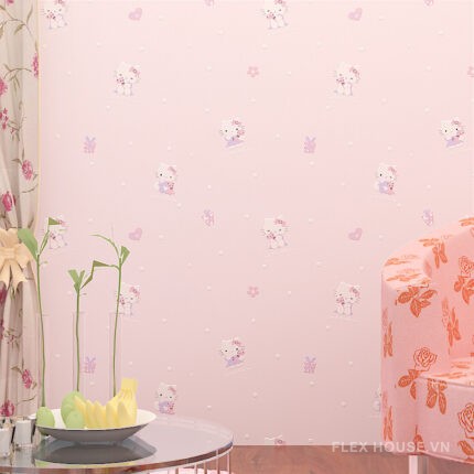 Giấy dán tường 3D phòng bé Hello Kitty màu hồng SHY610