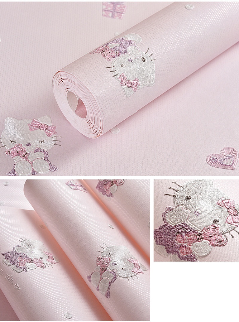 Giấy dán tường 3D phòng bé Hello Kitty màu hồng SHY610