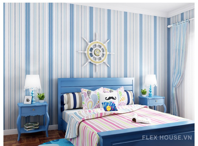 Giấy dán tường phòng ngủ decor dạng sọc xanh RMT4496 5