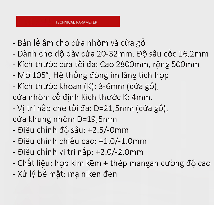 Bản lề âm tủ giảm chấn cho cánh kính khung nhôm ADHTO1 10