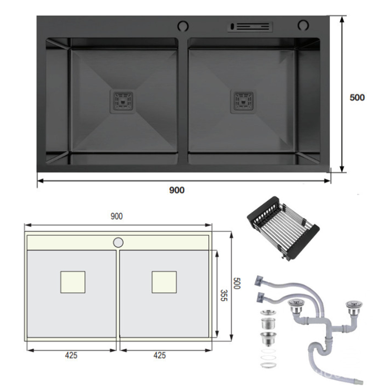 Chậu rửa bát lắp âm inox 2 hố KAFF KF-HMS9050-B 6