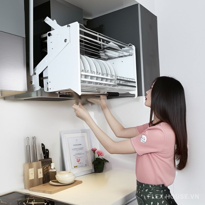 Kệ nâng hạ chén bát cho tủ bếp hiện đại