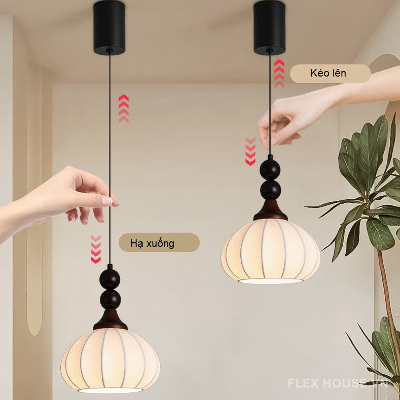 Đèn lồng thả trần vải lụa gỗ nguyên khối Nhật Bản DG053 18
