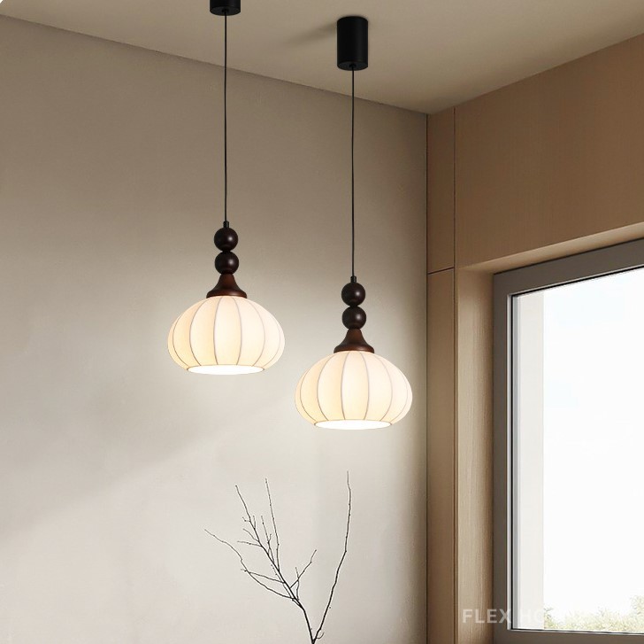 Đèn lồng thả trần vải lụa gỗ nguyên khối Nhật Bản DG053 22