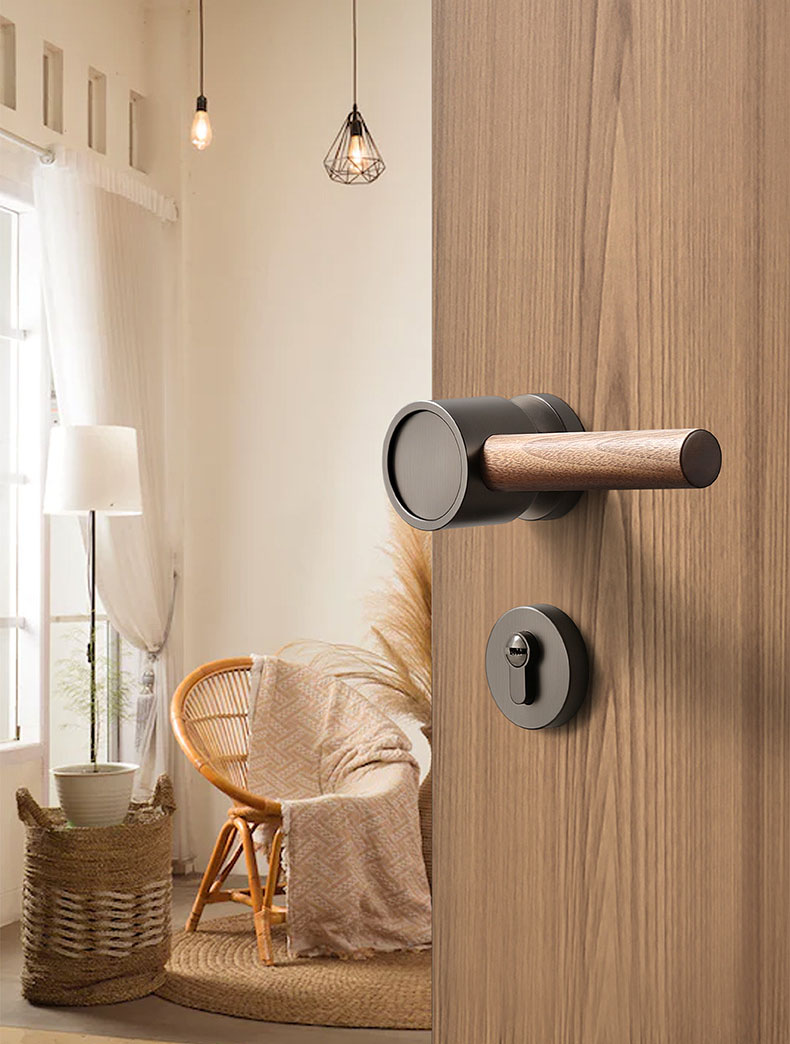 Khóa cửa đen xám tay gạt bằng gỗ cổ điển BAG727 8