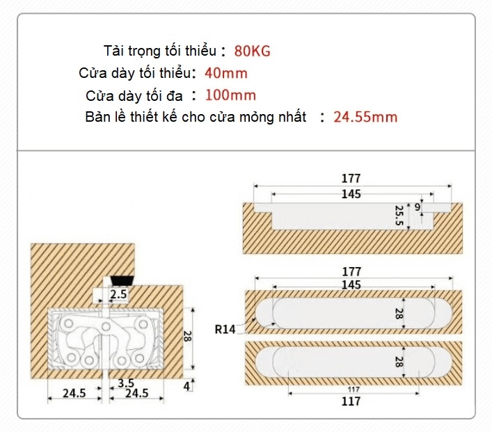 Bản lề âm chữ thập cửa gỗ có điều chỉnh nhiều tải trọng Taura DFL-L030A 125