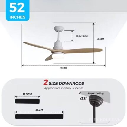 Quạt trần đèn thông minh 3 cánh gỗ phong cách Bắc Âu ESCC141B (2)