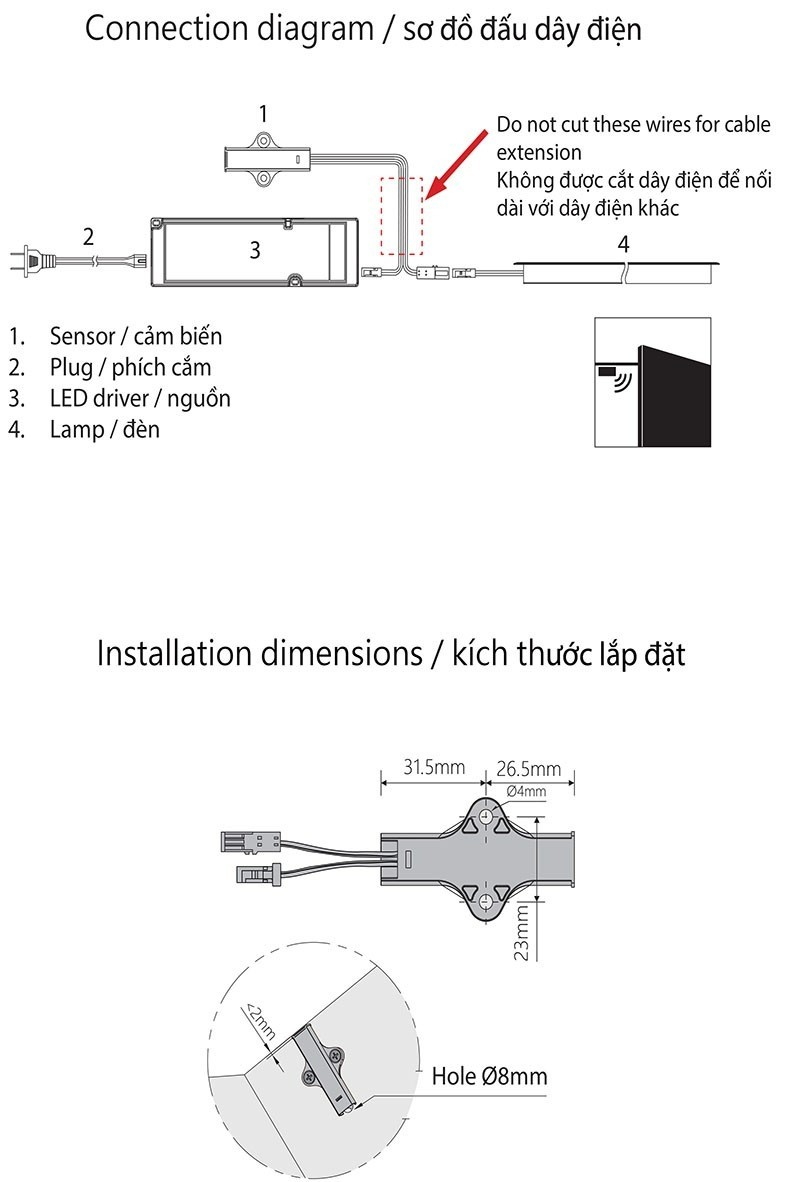 Sơ đồ đấu dây điện & Kích thước lắp đặt cảm biến bật tắt đèn 7601901