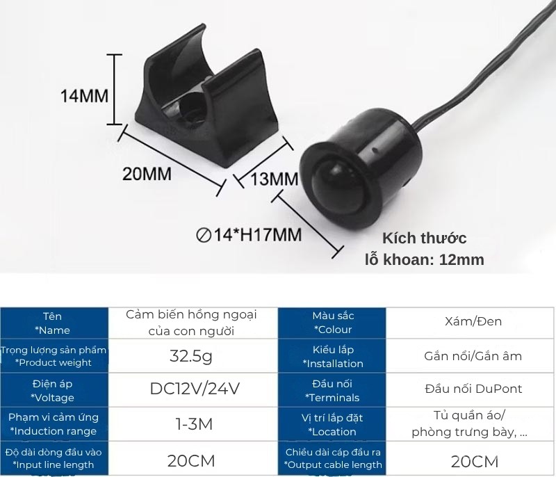 Thông tin sản phẩm cảm biến chuyển động đèn Led PIR có thể tháo rời LDMK0013