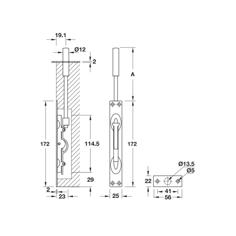 Chốt âm cửa gỗ 205mm Hafele 911.81.167 2