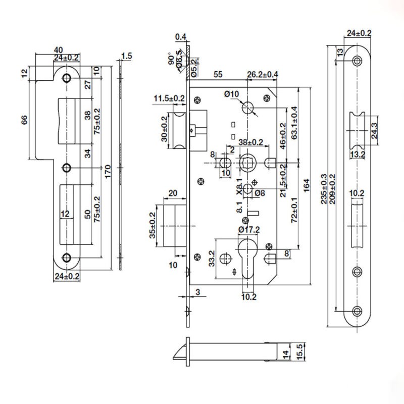 Thân khóa lưỡi gà chốt chết 72mm Hafele 911.02.799 2