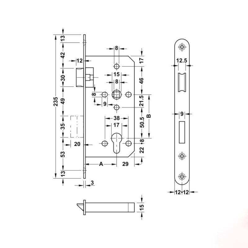 Thân khóa lưỡi gà chốt chết Inox 316 Hafele 911.25.402 3