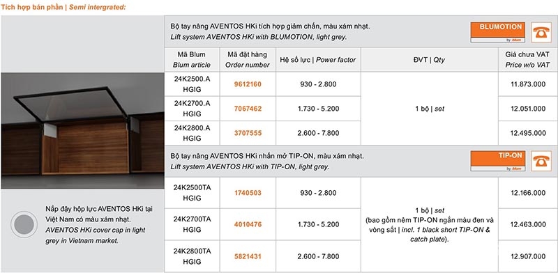 Tay nâng Blum AVENTOS HKi bán phần giảm chấn 24K2500.A HGIG 9612160 12