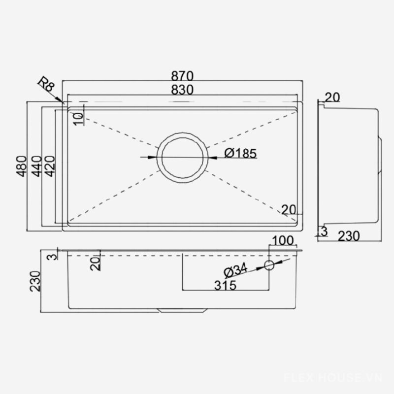 Chậu rửa 1 hố âm bàn đá Garis GS11.87D