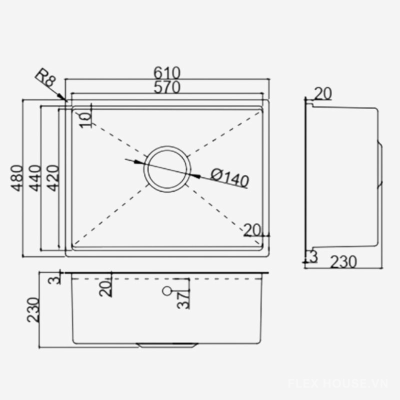 Chậu rửa âm bàn đá inox 304 Garis GS11.61D