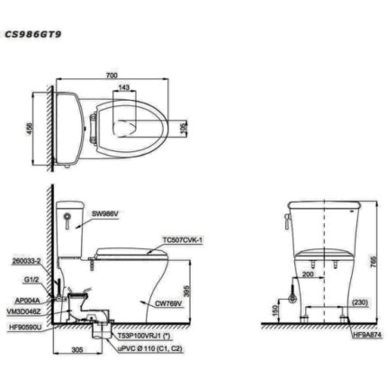 Bồn cầu 2 khối gạt xả TOTO CS986GT9