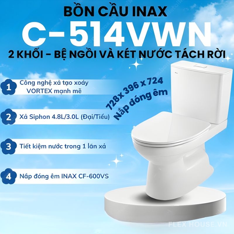 Bồn cầu nhấn xả êm ái 2 khối Inax C-514VWN