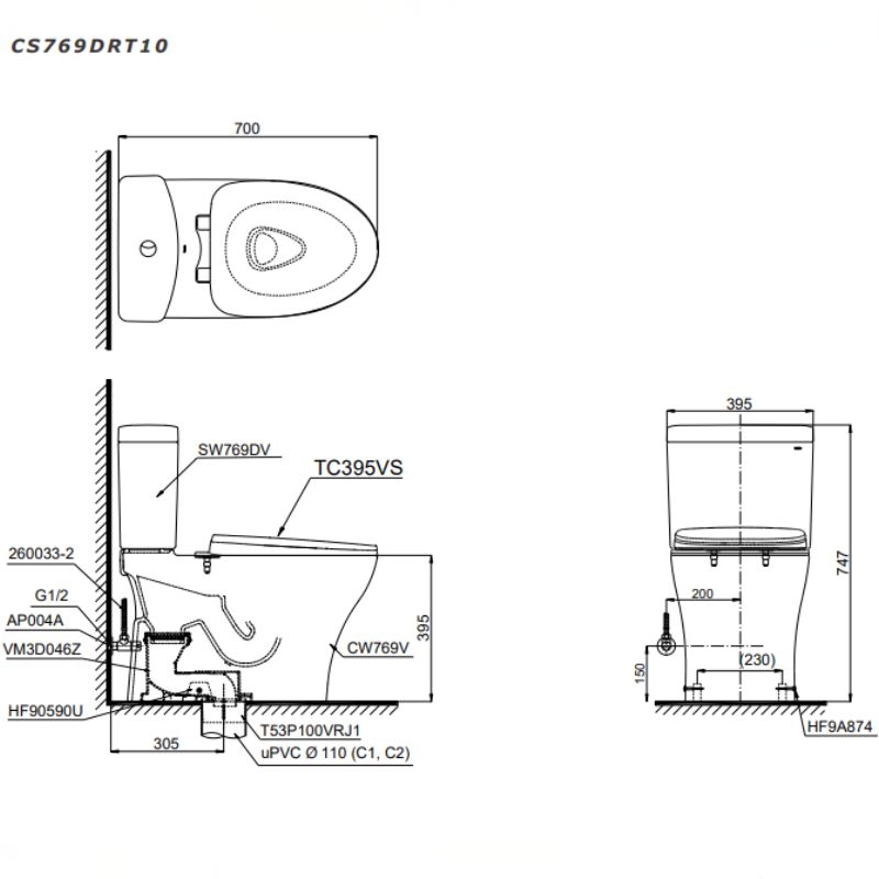 Bồn cầu 2 khối nắp đóng êm TOTO CS769DRT10