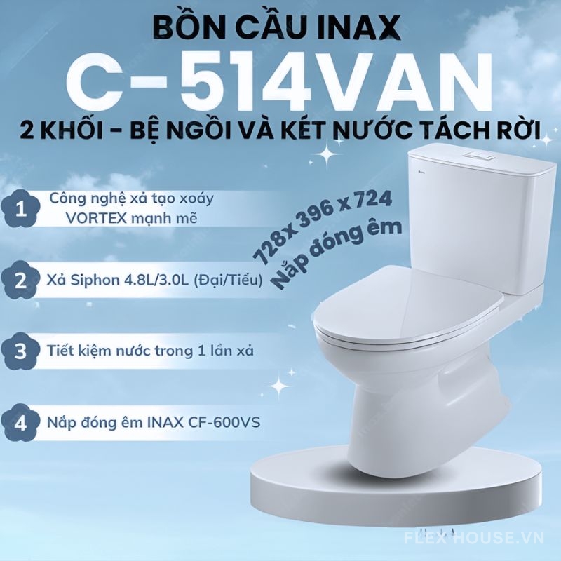 Bồn cầu 2 khối nhấn xả êm ái Inax C-514VANcầu 2 khối nắp đóng êm Inax C-514VAN (1)