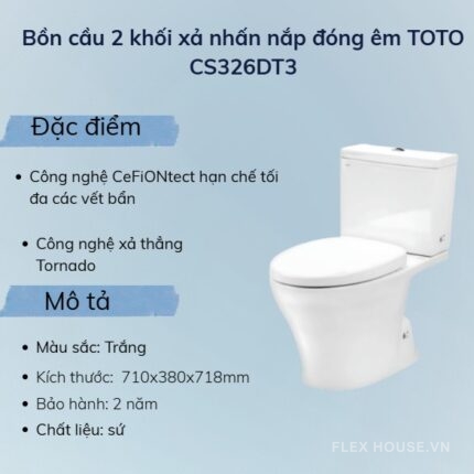 Bồn cầu 2 khối xả nhấn nắp đóng êm TOTO CS326DT3