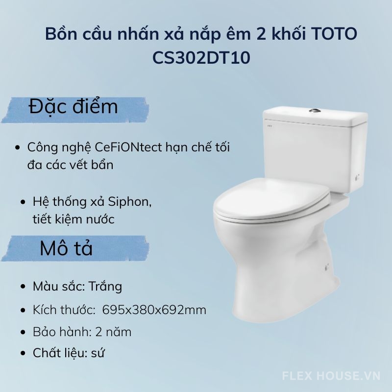 Bồn cầu 2 khối xả nhấn nắp đóng êm TOTO CS326DT3 (3) Bồn cầu nhấn xả nắp êm 2 khối TOTO CS302DT10
