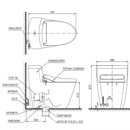 Bồn cầu liền khối nắp rửa điện tử MS636CDRW23