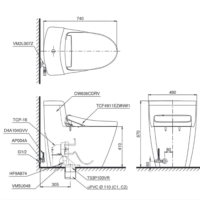 Bồn cầu liền khối nắp rửa điện tử TOTO MS636CDRW23 2 Bồn cầu liền khối nắp rửa điện tử TOTO MS636CDRW23