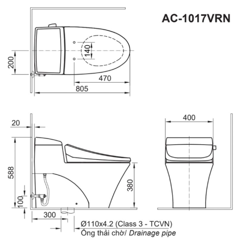 Bồn cầu liền khối nhấn xả Inax AC-1017VRN