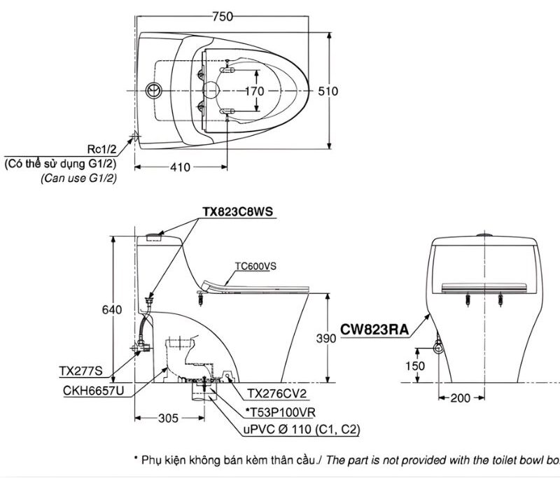 Bồn cầu một khối nhấn xả TOTO MS823DRT8 3 Bồn cầu một khối nhấn xả TOTO MS823DRT8
