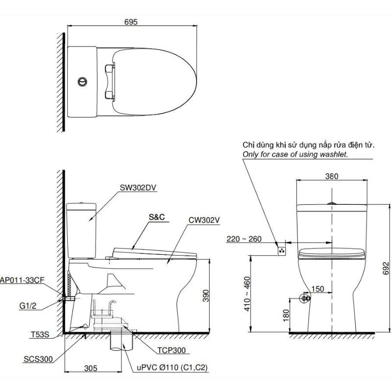 Bồn cầu nắp êm 2 khối nhấn xả TOTO CS302DT3 4 Bồn cầu nắp êm 2 khối nhấn xả TOTO CS302DT3