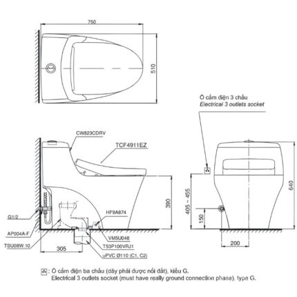 Bồn cầu nắp rửa giấu dây 1 khối TOTO MS823CDRW23