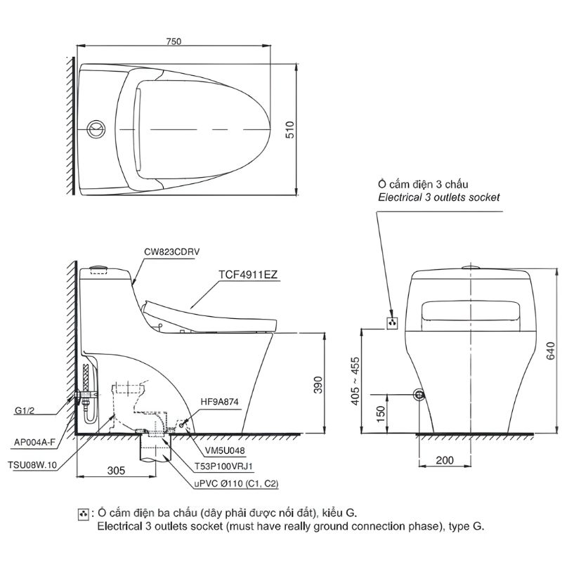Bồn cầu nắp rửa điện tử dấu dây 1 khối TOTO MS823CDRW23 Bồn cầu nắp rửa giấu dây 1 khối TOTO MS823CDRW23