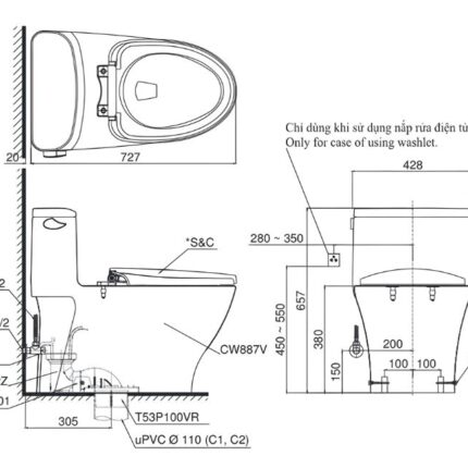 Bồn cầu nắp rửa điện tử liền khối TOTO MS887CRW23