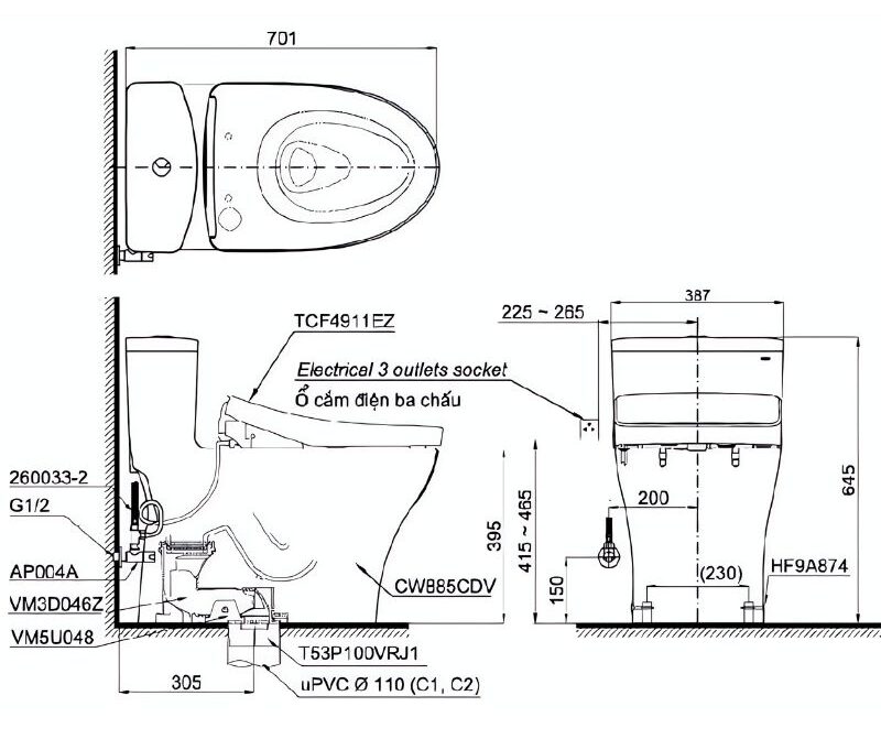 Bồn cầu nắp rửa thông minh giấu dây TOTO MS885CDW12 2 Bồn cầu nắp rửa thông minh giấu dây TOTO MS885CDW12