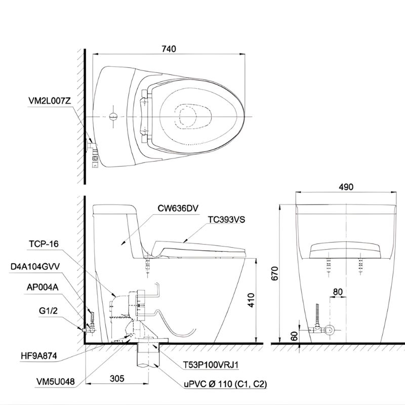 Bồn cầu nhấn xả liền khối nắp đóng êm TOTO MS636DT2 Bồn cầu nhấn xả liền khối nắp đóng êm TOTO MS636DT2