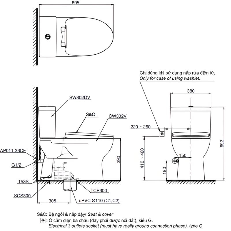 Bồn cầu nhấn xả nắp êm 2 khối TOTO CS302DT10 2 Bồn cầu nhấn xả nắp êm 2 khối TOTO CS302DT10