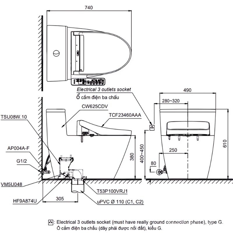 Bồn cầu thông minh nắp rửa tự động TOTO MS625CDW17 Bồn cầu thông minh nắp rửa tự động TOTO MS625CDW17