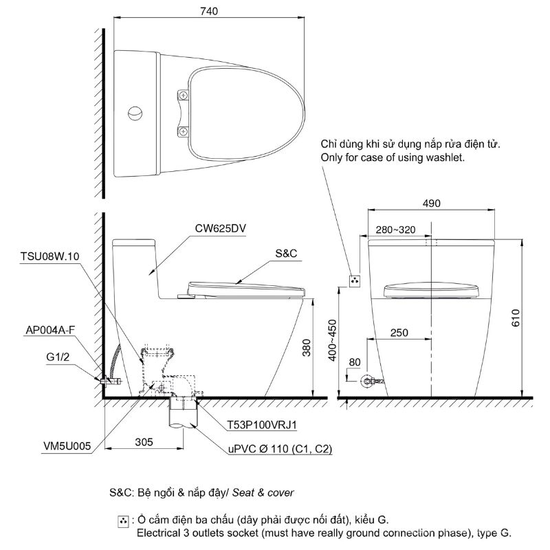 Bồn cầu thông minh nắp rửa tự động TOTO MS625DW16