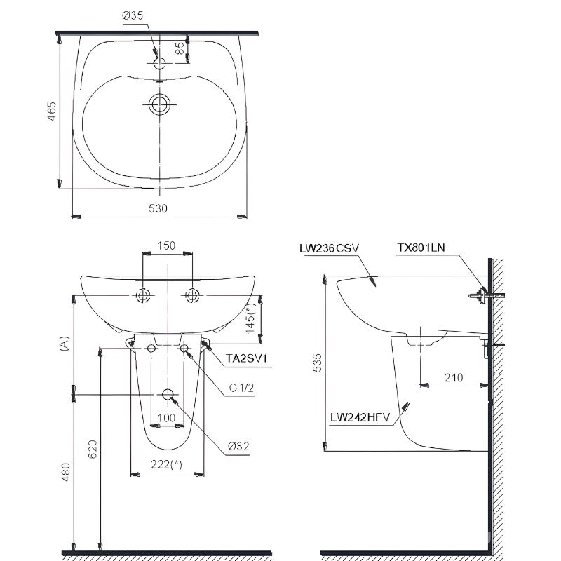 Bồn rửa mặt chân lửng treo tường TOTO LHT236CS Bồn rửa mặt chân lửng treo tường TOTO LHT236CS