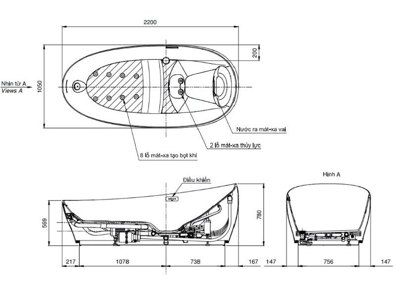 Bồn tắm đặt sàn massage bọt khí TOTO PJYD2200PWE 3 Bồn tắm đặt sàn massage bọt khí PJYD2200PWE